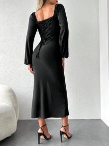 SHEIN Cottnline Square Neck Lantern Sleeve Split Thigh Dress - Black - View 5
