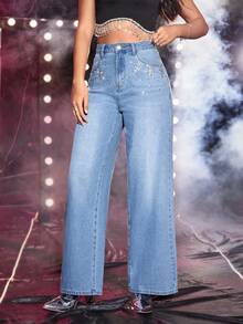 SHEIN Rhinestone Chi tiết quần ống rộng Quần jean - Rửa nhẹ - Xem 8