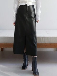 Dazy-Less Hoher Bund Spaltrock aus PU-Leder im Old Money Stil, Business Lässig Arbeitskleidung für Frauen, Herbst/Winter - Schwarz - Übersicht 5