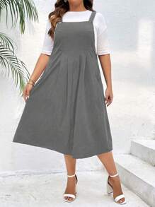 SHEIN LUNE 大碼素色背帶洋裝不帶T恤 - 灰色 - 查看 1