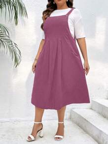 SHEIN LUNE Plus Fold Pleated Overall Dress Without Tee - Burgundy - View 5