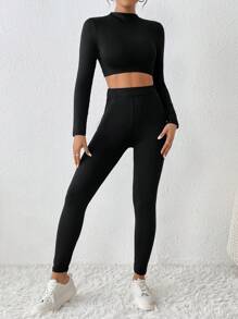 SHEIN PETITE 小高領短款T恤&緊身打底褲 - 黑色 - 查看 1