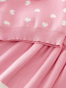 SHEIN Young Girl Heart Pattern Ruffle Trim 2 In 1 Sweater & Knit Skirt - Pink - View 3
