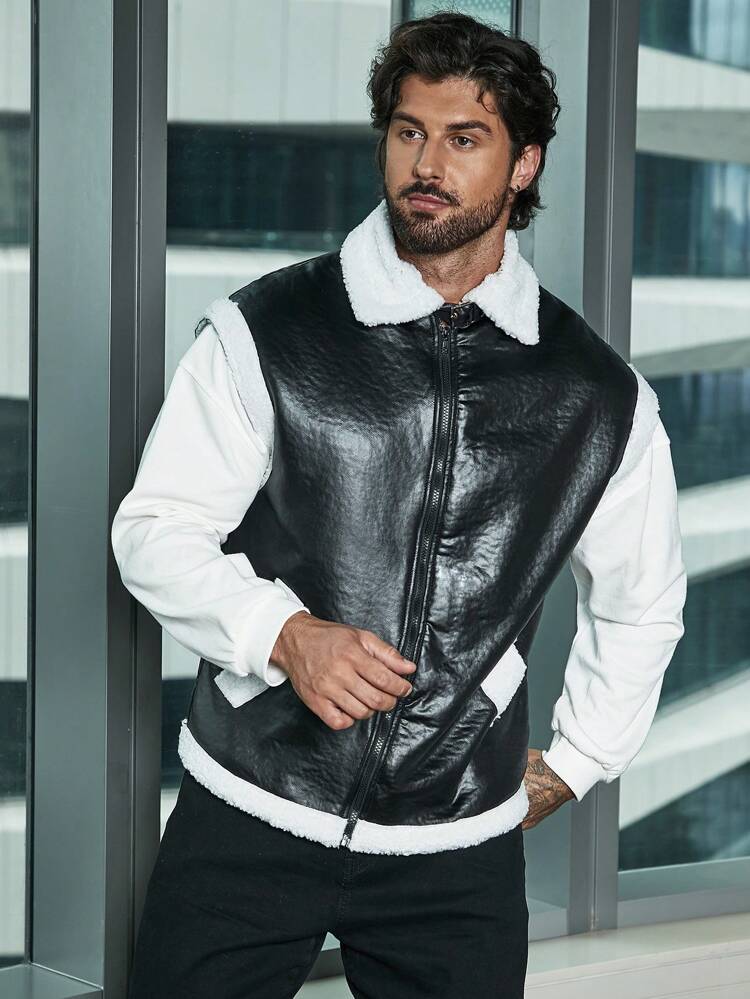 Men Borg Collar PU Leather Vest Coat