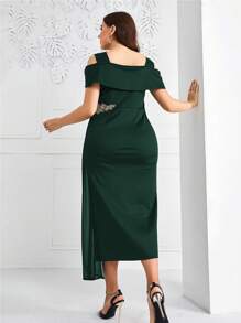 Modelyn Plus Cold Shoulder Appliques Detail Split Thigh Dress - Dark Green - View 2