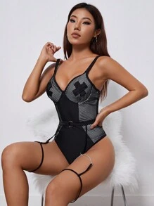 SHEIN Swim 夏季带钢圈连体泳衣（带吊袜带） - 黑色 - 查看 5