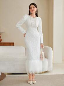 Modelyn Fuzzy Hem Puff Sleeve Jacquard Dress - White - View 1