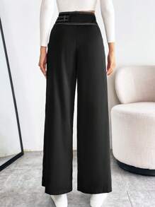 SHEIN Privé 高腰頂針闊腿西裝褲 - 黑色 - 查看 2