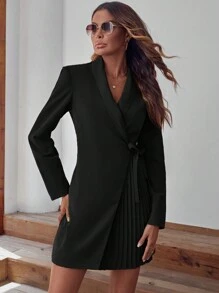 SHEIN LUNE Shawl Collar Pleated Detail Knot Side Wrap Dress,Business Casual Woman