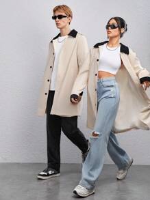 Manfinity VCAY 1pc Loose Fit Contrast Collar Drop Shoulder Trench Coat, For Fall Winter - Apricot - View 6