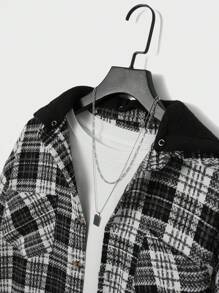 RueChic Men Plaid Print Dual Pocket Hooded Jacket Without Tee - Black - View 3