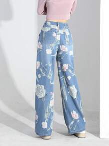 青少年女孩印花闊腿牛仔褲 - 淺色水洗藍 - 查看 2