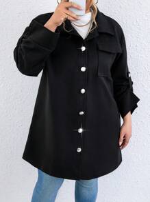 Calvaya Plus Roll Tab Sleeve Flap Pocket Overcoat - Black - View 5