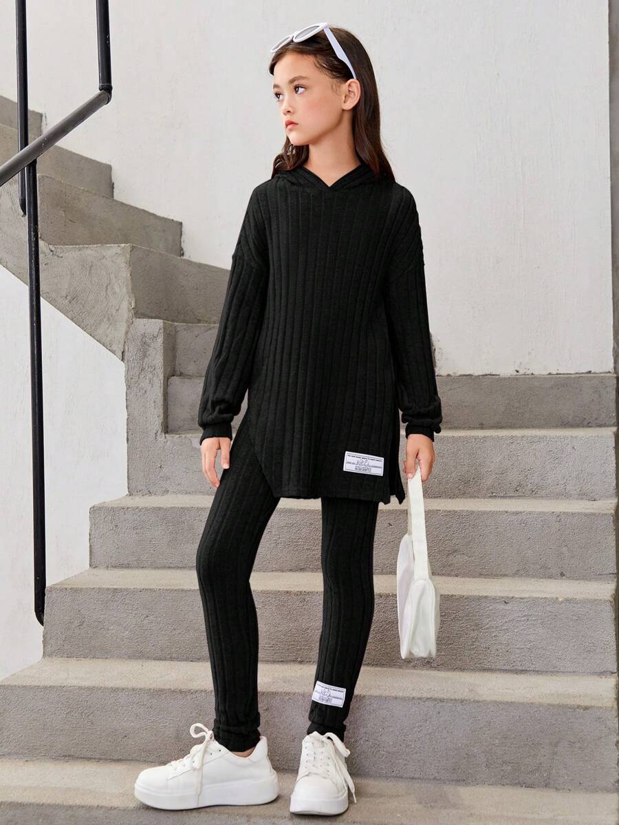 SHEIN Tween Girl Letter Patched Detail Drop Shoulder Hooded Tee & Leggings - Black - View 1