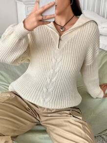 Flirla 加大码麻花针织拉链细节落肩套头毛衣秋冬毛衣 - 杏色 - 查看 3