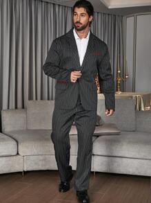 Extended Sizes 男士大码條紋印花單釦西裝外套&西裝褲 - 黑色 - 查看 1