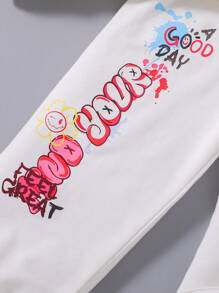 SHEIN 女小童字母圖案拉鏈連帽衫和運動褲 - 白色 - 查看 6