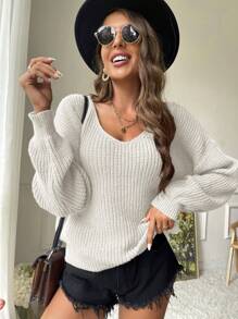 Siren Gaze Solid Drop Shoulder Ribbed Knit Sweater,Long Sleeve Tops,Off The Shoulder Sweater In Fall/Winter White Casual - White - View 5