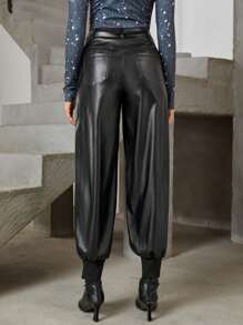 SHEINNeu Flap Pocket PU Leather Cargo Pants - Black - View 2