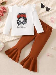 Young Girl Figure Graphic Ruffle Trim Tee & Flare Leg Pants - Multicolor - View 1