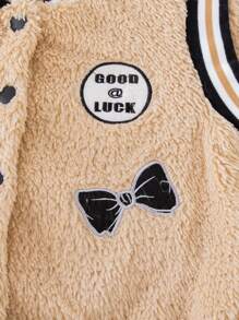 SHEIN Young Girl Letter Patched Striped Trim Varsity Jacket Without Tee - Khaki - View 3