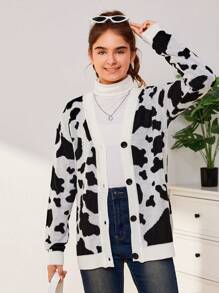 Teen Girl Cow Pattern Button Front Cardigan - Black and White - View 1