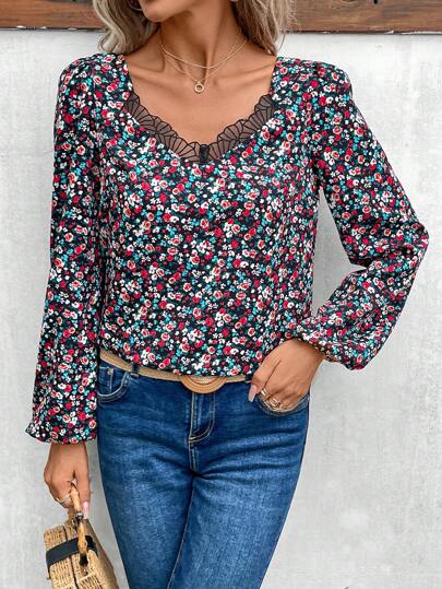 SHEIN Frenchy 碎花鏤空蕾絲花邊燈籠袖襯衫