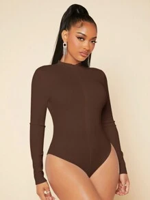 SHEIN SXY 素色拉鏈開襟修身連體衣 - 棕色 - 查看 4