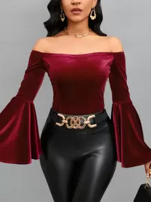 SHEIN Lady 一字肩喇叭袖絲絨T恤 - 酒紅色 - 查看 1