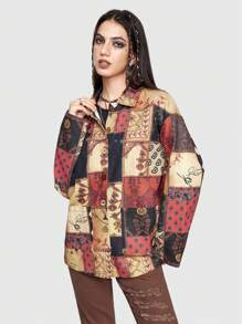 ROMWE Hippie Patchwork Print Drop Shoulder Button Front Coat