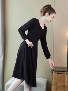 素色雞心領口A字洋裝 - 黑色 - 查看 6