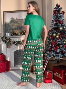 聖誕圖案T恤和褲子睡衣套裝 - 墨綠色 - 查看 2