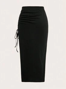 SHEIN EZwear 夏季服装抽绳开叉大腿裙 - 黑色 - 查看 4