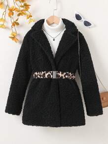 SHEIN 女大童1入組豹紋圖案腰帶絨毛外套 - 黑色 - 查看 1