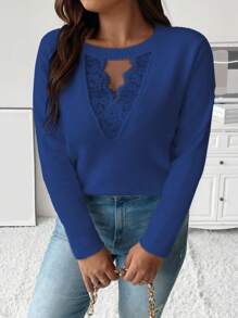 Celure Plus Contrast Lace Keyhole Neckline Sweater - Blue - View 2