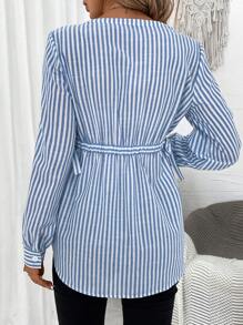SHEIN LUNE 條紋印花捲邊袖襯衫 - 藍白色 - 查看 6