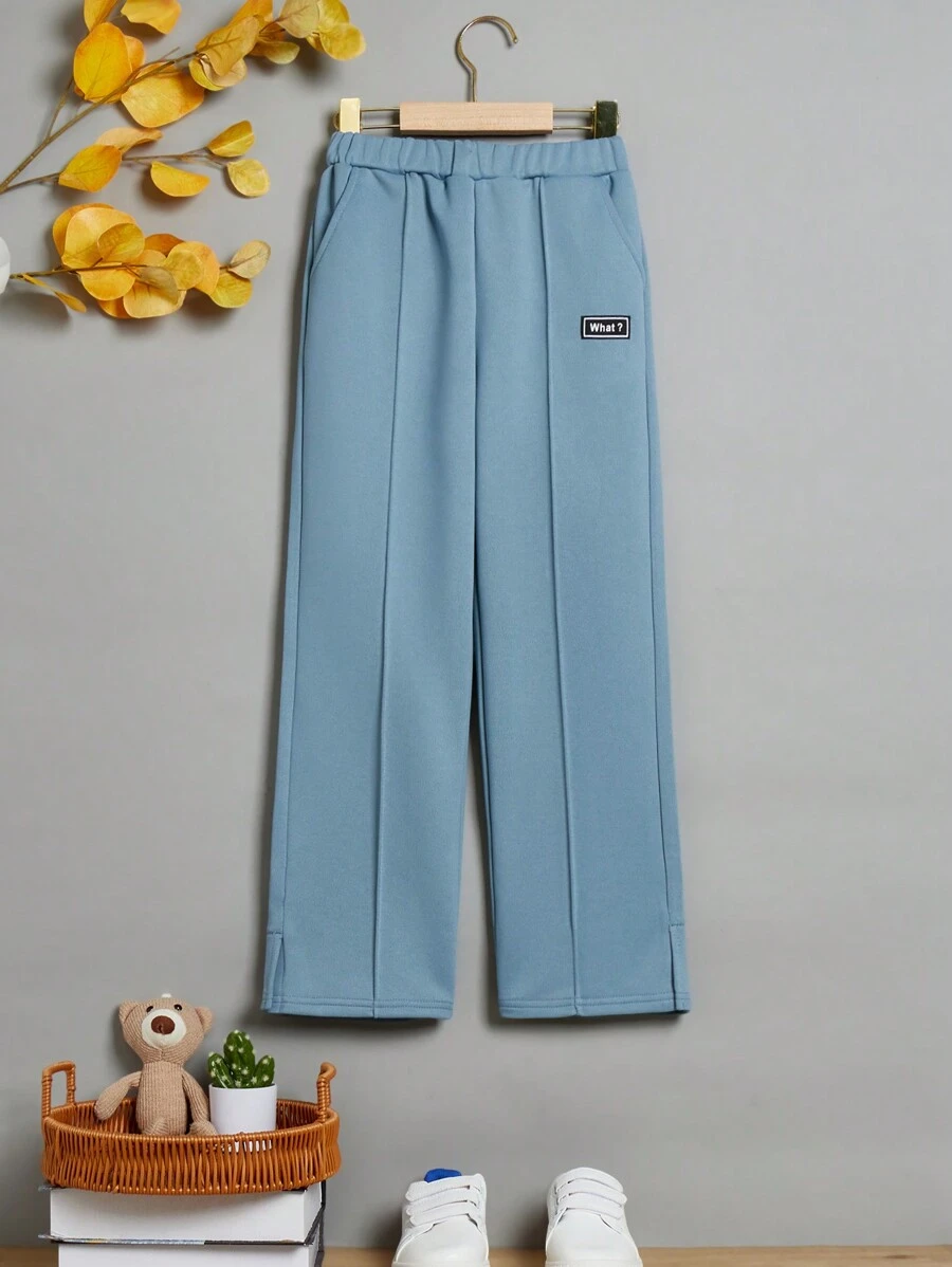 SHEIN Cậu bé Tween Chi tiết Patched thư Mặt trước đường may Quần thể thao - Màu xanh lam - Xem 1