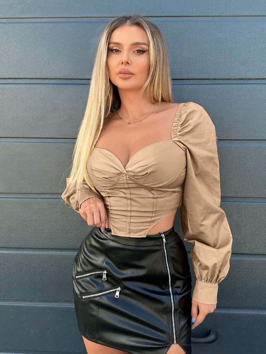 SHEIN SXY Cổ Trái tim Tay áo lồng đèn Xù Bustier Áo sơ mi Crop - Màu Khaki - Xem 1