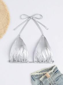 Swim SXY Summer Beach Plus Metallic Tie Backless Halter Triangle Bikini Top