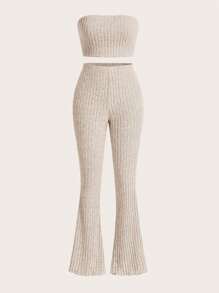 SHEIN EZwear Solid Tube Top & Flare Leg Pants - Apricot - View 1