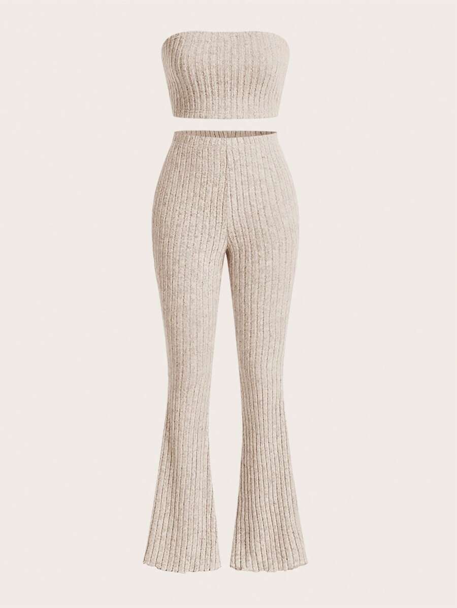 SHEIN EZwear Solid Tube Top & Flare Leg Pants - Apricot - View 1