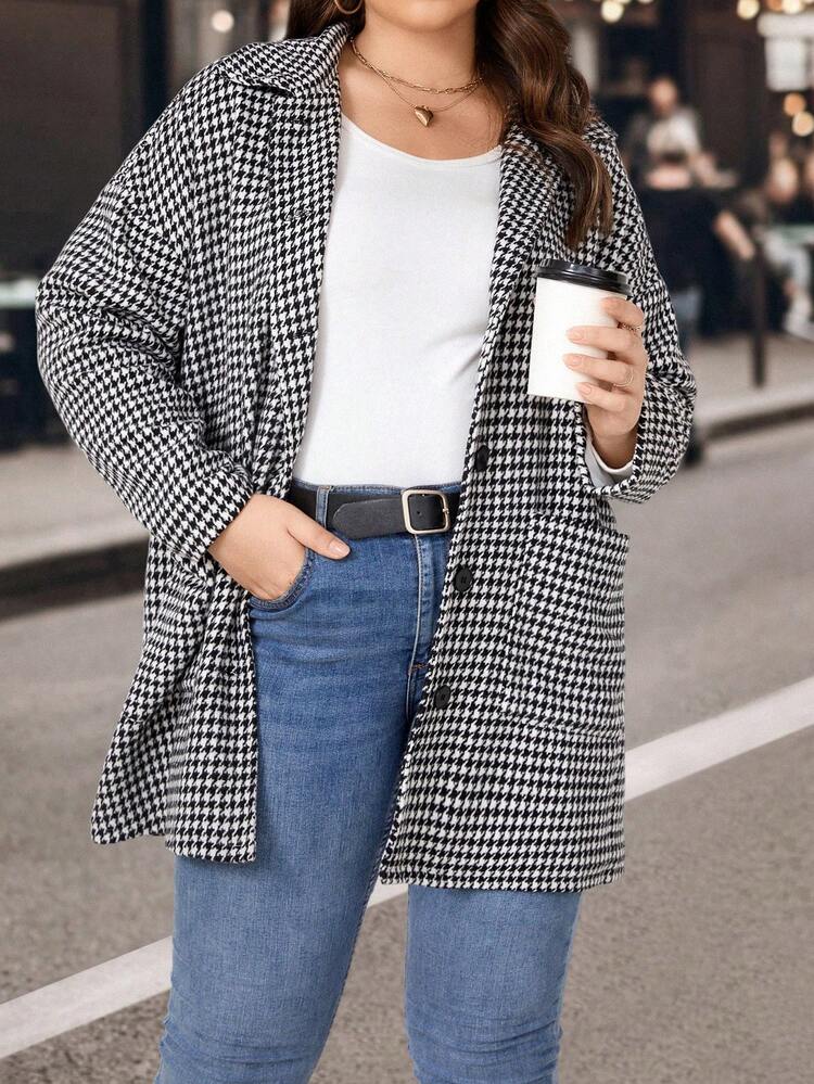 Plus Houndstooth Print Drop Shoulder Overcoat