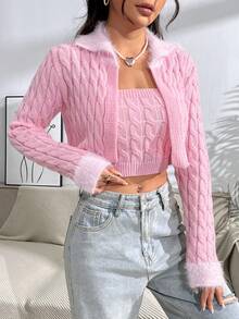 SHEIN Unity Fuzzy Cuff Cable Knit Cardigan & Cami Knit Top - Baby Pink - View 3
