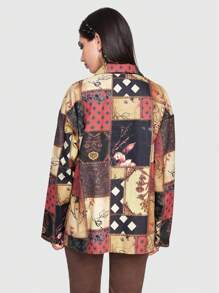 ROMWE Hippie Patchwork Print Drop Shoulder Button Front Coat
