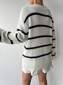 EURMUSE Striped Pattern Drop Shoulder Mock Neck Sweater - White - View 2