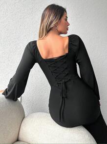 SHEIN Cottnline Square Neck Lantern Sleeve Split Thigh Dress - Black - View 2