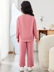 Young Girl Letter Patched Detail Tee & Seam Front Pants - Pink - View 2