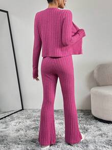 SHEIN Essnce Solid Cami Top & Flare Leg Pants & Button Front Coat - Hot Pink - View 2