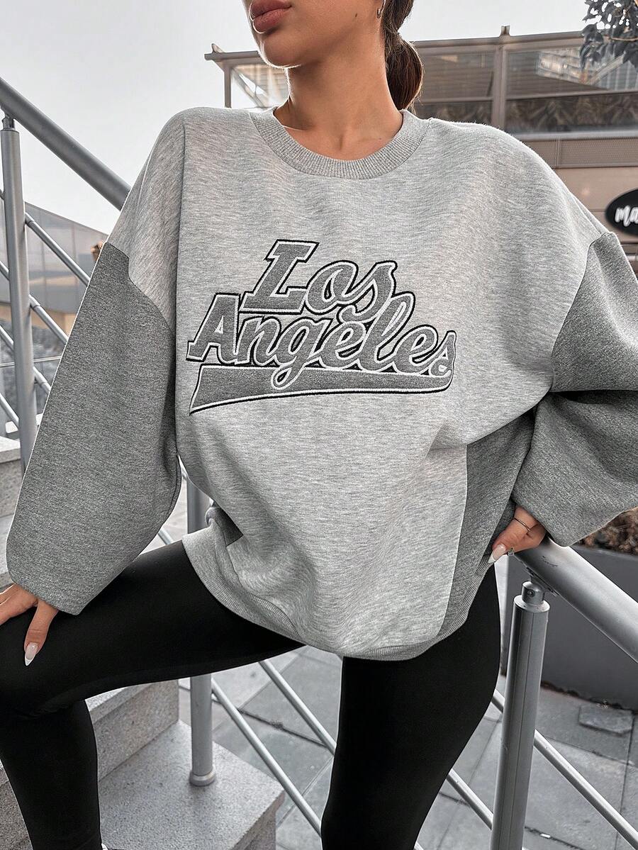 EURMUSE 字母刺繡撞色落肩袖運動衫 - 灰色 - 查看 1