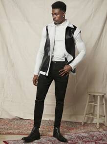 Manfinity VCAY Loose Fit Men's Contrast Trim Teddy Lined Faux Leather Vest Coat, For Fall Winter - Multicolor - View 5